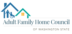 Logo for the Adult Family Home Council of Washington State, featuring house icons and figures of an adult and a person in a wheelchair, symbolizing personalized senior care in Auburn.